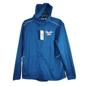 Clique Blue Full Zip Hooded Jacket Men Size L Pockets Explorica D-Day Logo NEW